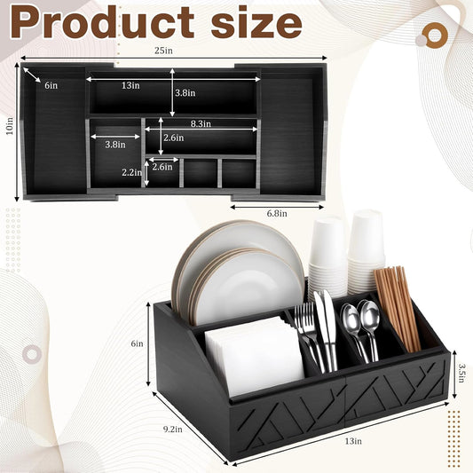 Paper Plate Dispenser Extendable, Paper Plate Holder for Kitchen Counter Wood Silverware Utensil Caddy Cutlery Flatware Organizer Box for Cups Spoons Forks Kitchen Accessories(Black)