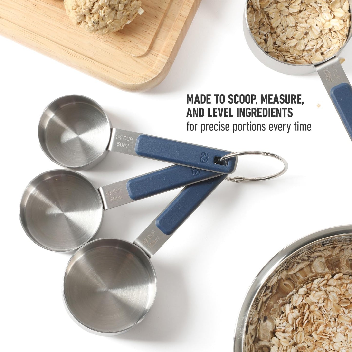 Calphalon Prime Measuring Cups, Kitchen Measurement Cup, 4-Piece Stainless Steel Kitchen Measuring Cup with Navy Silicone Handle Accurate, Durable for Dry and Liquid Ingredients