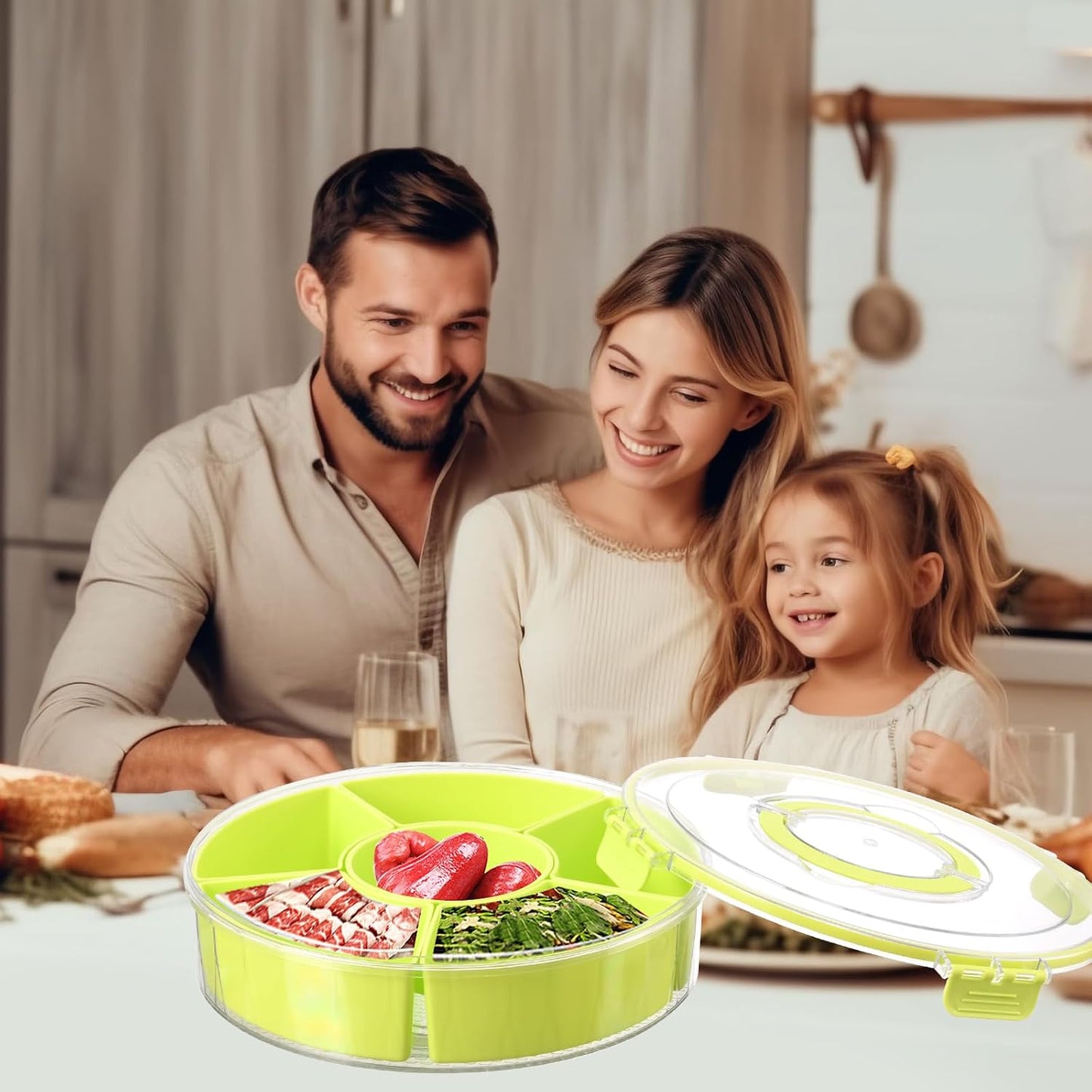 Dishwasher Safety -Divided Rotating Serving Tray with Lid and Handle,Portable Snackle Box for Fruits Snacks Charcuterie,Clear Organizer and Fridge Storage Container,Veggie Platters for Adults Child