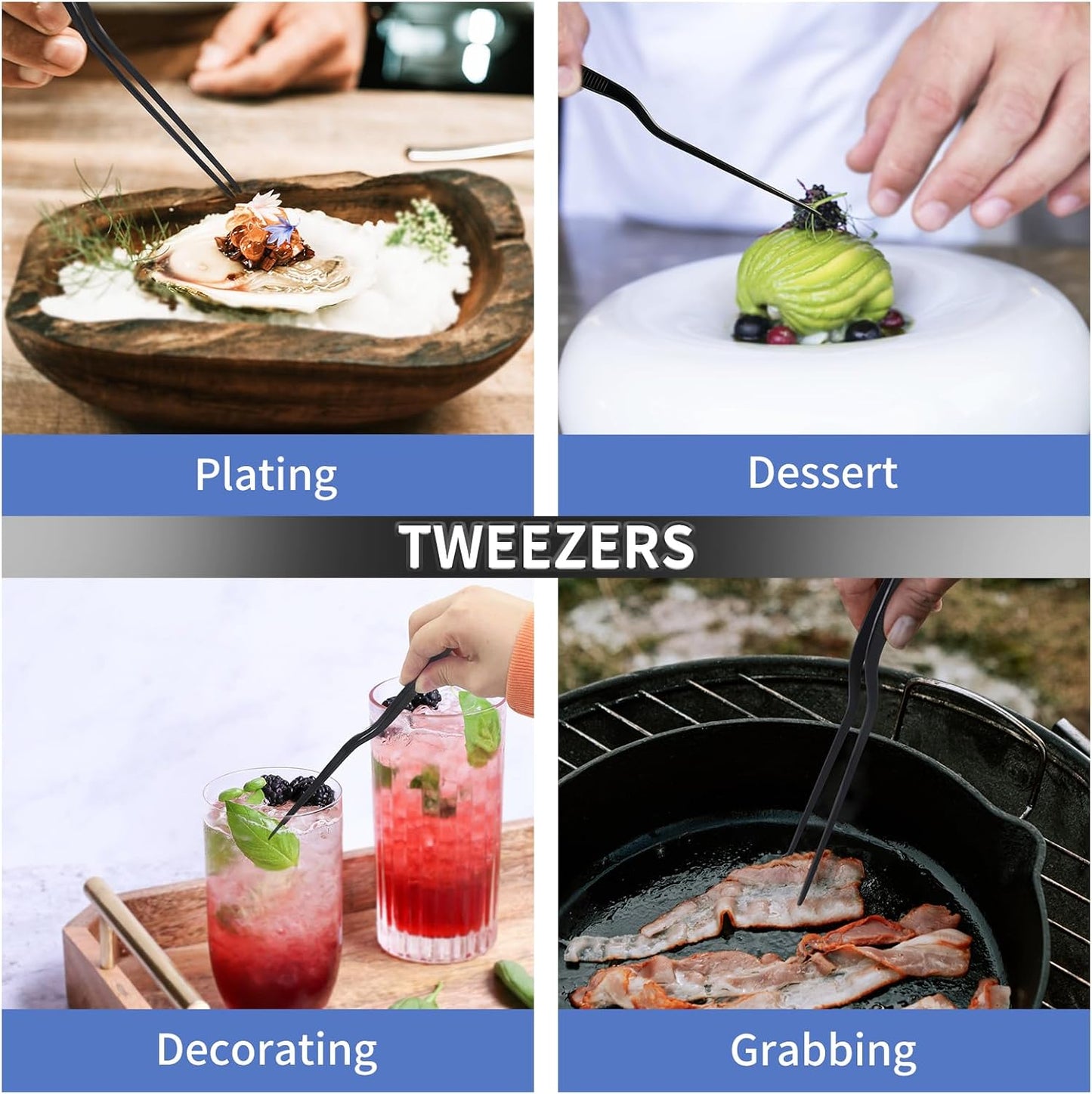 8-Inch Plating Tweezers Culinary Kitchen Tweezer Stainless Steel, Black Offset Tweezers for Cooking Food Design (8-Inch Offset Design)