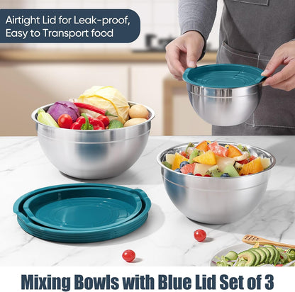 P&P CHEF Black Mixing Bowls with Lids, Set of 3, Stainless Steel Salad Nesting Bowl for Mixing, Storing, Prepping, Airtight & Stackable, Size 4.6/3 /1.5 QT