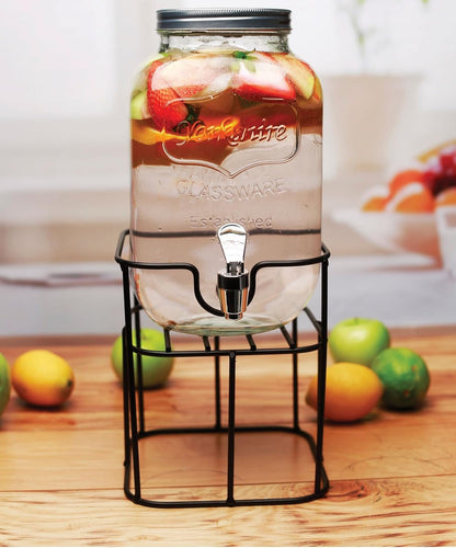 Circleware Sun Tea Mini Mason Jar Glass Beverage Dispenser with Lid, Glassware For Water, Juice, Beer, Wine, Liquor, Kombucha Iced Punch & Cold Drinks, Classic Yorkshire 1 Gallon with Stand