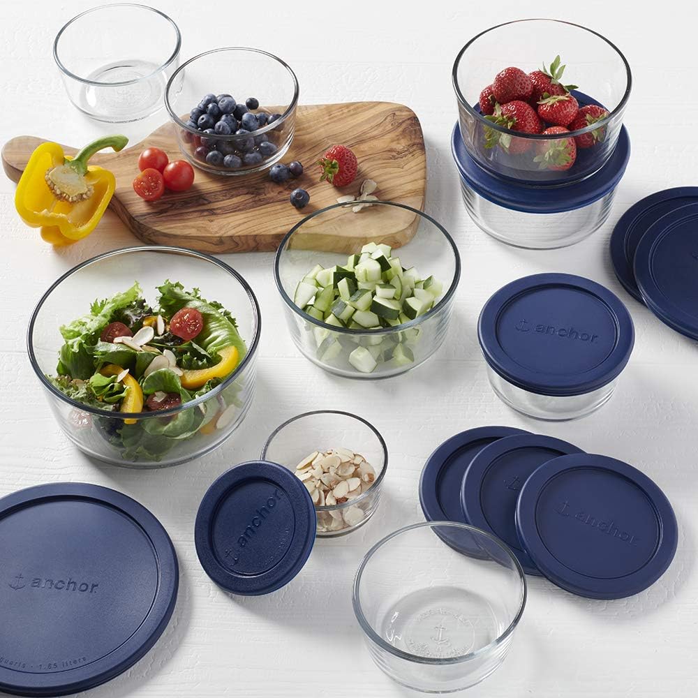 Anchor Hocking 12 Piece Glass Storage Containers with Lids (6 Glass Food Storage Containers & 6 Navy Blue SnugFit Lids)