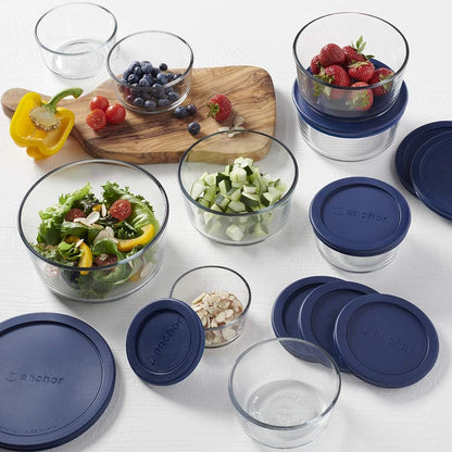 Anchor Hocking 12 Piece Glass Storage Containers with Lids (6 Glass Food Storage Containers & 6 Navy Blue SnugFit Lids)