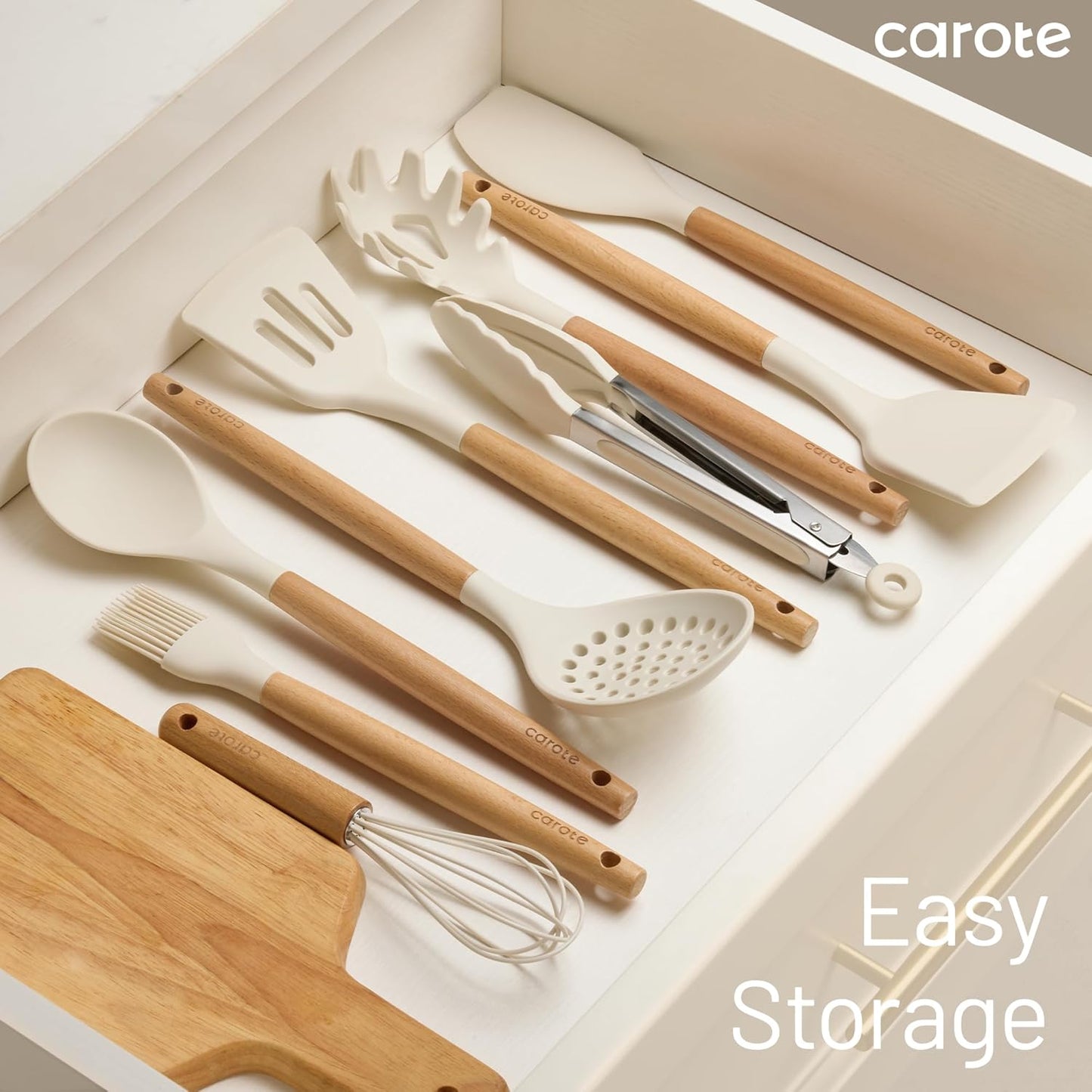 CAROTE Silicone Cooking Utensils Set, Kitchen Utensils Set 10 Pcs for cooking, BPA Free Spatula Set with Heat Resistant Wood Handles for Nonstick Cookware (Cream White)