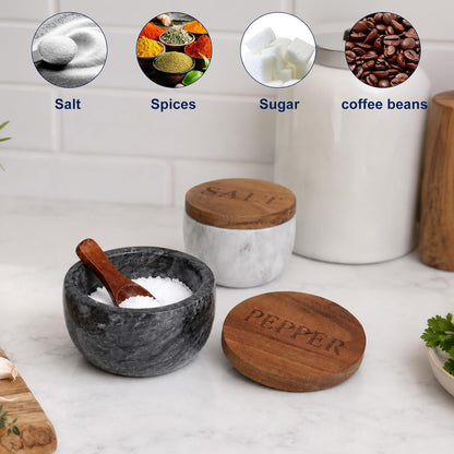 2 Pack Marble Salt Cellar,Salt&Pepper Containers with Lid and Spoon