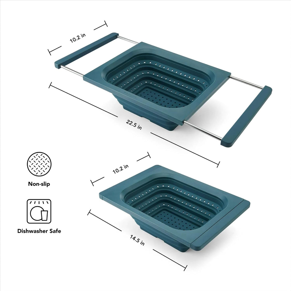 Collapsible Over the Sink Colander and Strainer for Kitchen, Agave, Expandable Handles, Dishwasher Safe, Non-Slip, Space-Saving Design