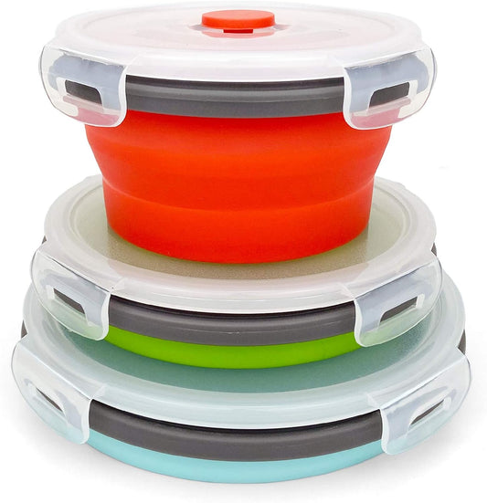 CARTINTS Round Collapsible Bowls with Lids, Reusable Silicone Food Storage Containers, 3Pack 500-800-1200ML, Stackable Space Saving, Microwave and Freezer Safe, Meal Prep Container