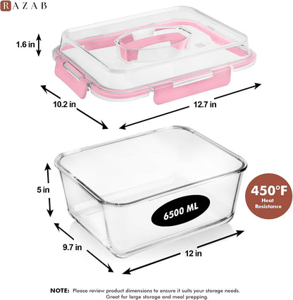 Razab 6500ml / 220 Oz / 28 Cups Extra Large Glass Food Storage Containers with Lids - Leakproof Glass Meal Prep Containers with Locking Lids for Roasting & Storing Leftover - Microwave & Oven Safe