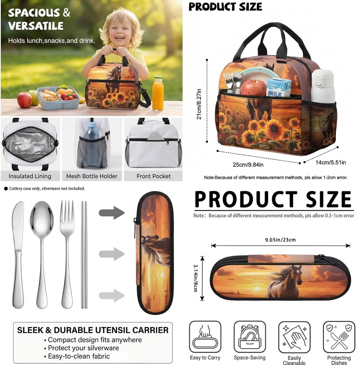Highland Cow Backpack with Lunch Box Set for Kids Sunflower School Backpack for Girls Boys Back to School Bag Student Travel Backpacks Reusable Utensils Pen Case Water Bottle Bag 5PCS