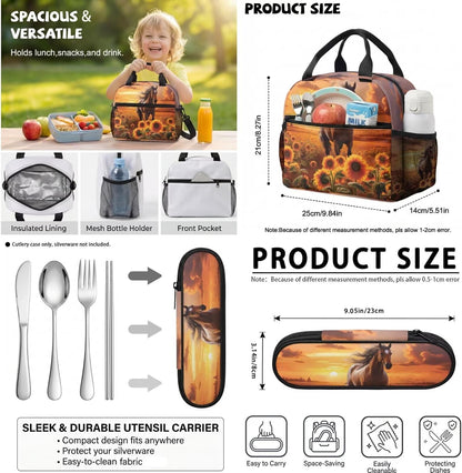 Highland Cow Backpack with Lunch Box Set for Kids Sunflower School Backpack for Girls Boys Back to School Bag Student Travel Backpacks Reusable Utensils Pen Case Water Bottle Bag 5PCS