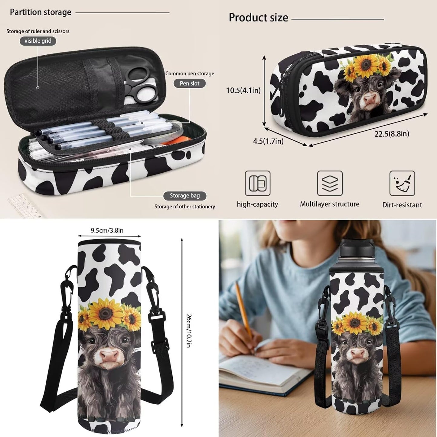 Highland Cow Backpack with Lunch Box Set for Kids Sunflower School Backpack for Girls Boys Back to School Bag Student Travel Backpacks Reusable Utensils Pen Case Water Bottle Bag 5PCS