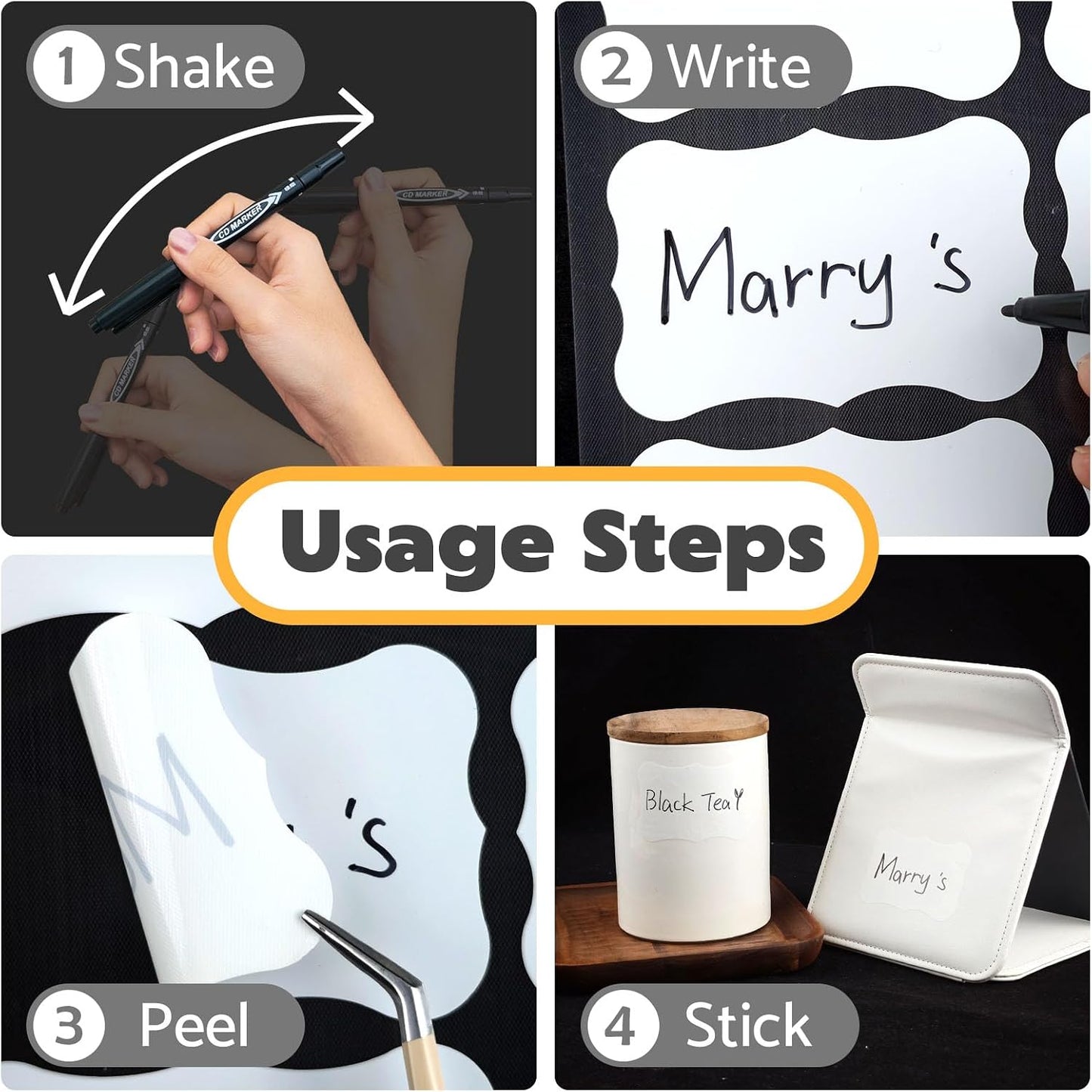 JIEHENG 180Pcs Chalkboard Labels for Jars,Removable Stickers with 1 Liquid Chalk Markers(Black, Wavy)