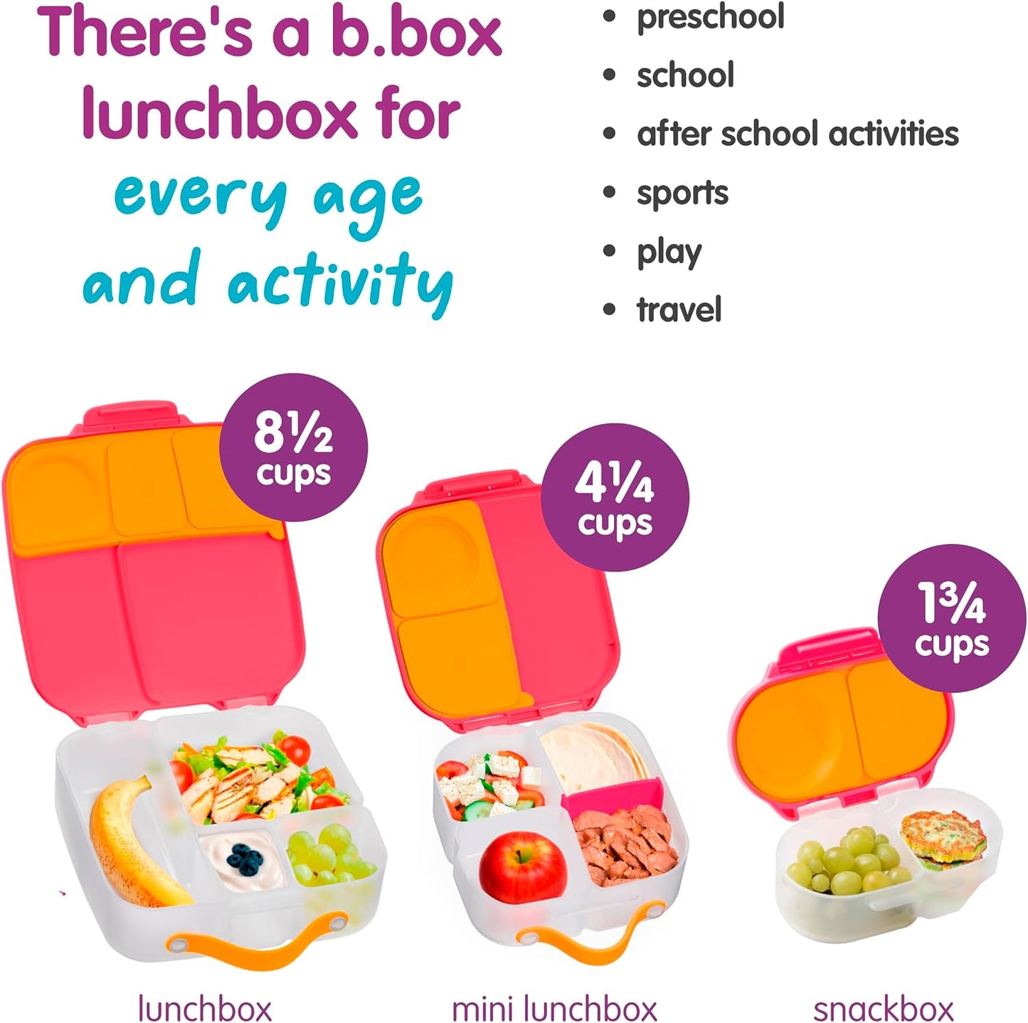 b.box Mini Lunch Box 2-Pack, Leak Proof Bento Box for Kids, 3 Compartment Snack Containers Ages 3+, Lunchbox for Daycare + School, Dishwasher Safe, BPA-Free, PFAS-Free, 4.25 Cup - Blue + Green