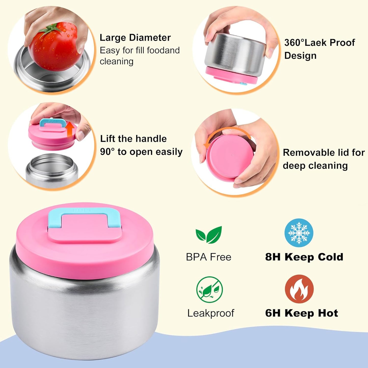 Bento Lunch Box for Kids with Thermo, Leakproof Bento Box with 8oz Insulated Food Jar, Insulated Bottle, Lunch Bag, BPA Free Dishwasher Safe 4 Compartment Container for School Girls Boys (Pink)
