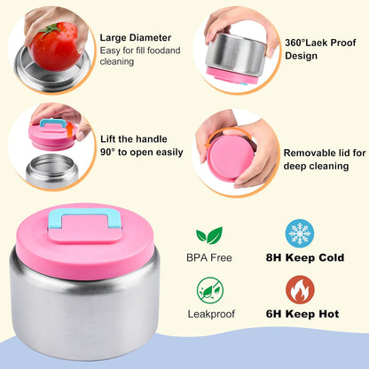 Bento Lunch Box for Kids with Thermo, Leakproof Bento Box with 8oz Insulated Food Jar, Insulated Bottle, Lunch Bag, BPA Free Dishwasher Safe 4 Compartment Container for School Girls Boys (Pink)