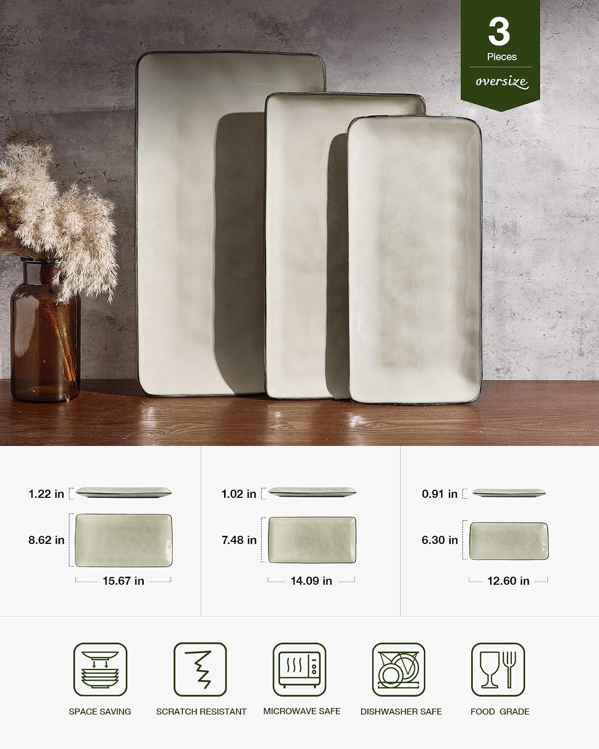 Famiware Serving Platter, Rectangular 15.67/14.1/12.6inch Serving Dishes for Entertaining, Microwave Dishwasher Safe, Stoneware Serving Trays for Party, Turkey, Cheese, Ocean Series, Cappuccino White