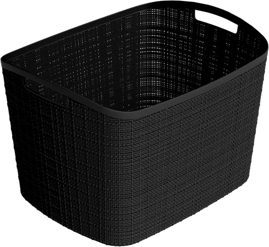 Curver Set of 4 Large 18L Easy Access Jute Decorative Plastic Organization and Storage Baskets - Perfect Bins for Home Office, Closet Shelves, Kitchen Pantry and All Bedroom Essentials, Black