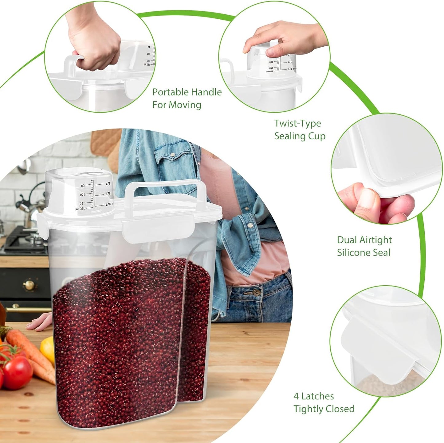 Viretec Rice Storage Container, 15 to 20lb Dry Food Airtight Dispenser, Pet Dog Cat Food Canister, BPA Free Clear Plastic Kitchen and Pantry Bin for Oatmeal, Cereal, Pasta, Flour Pack of 2 Grey