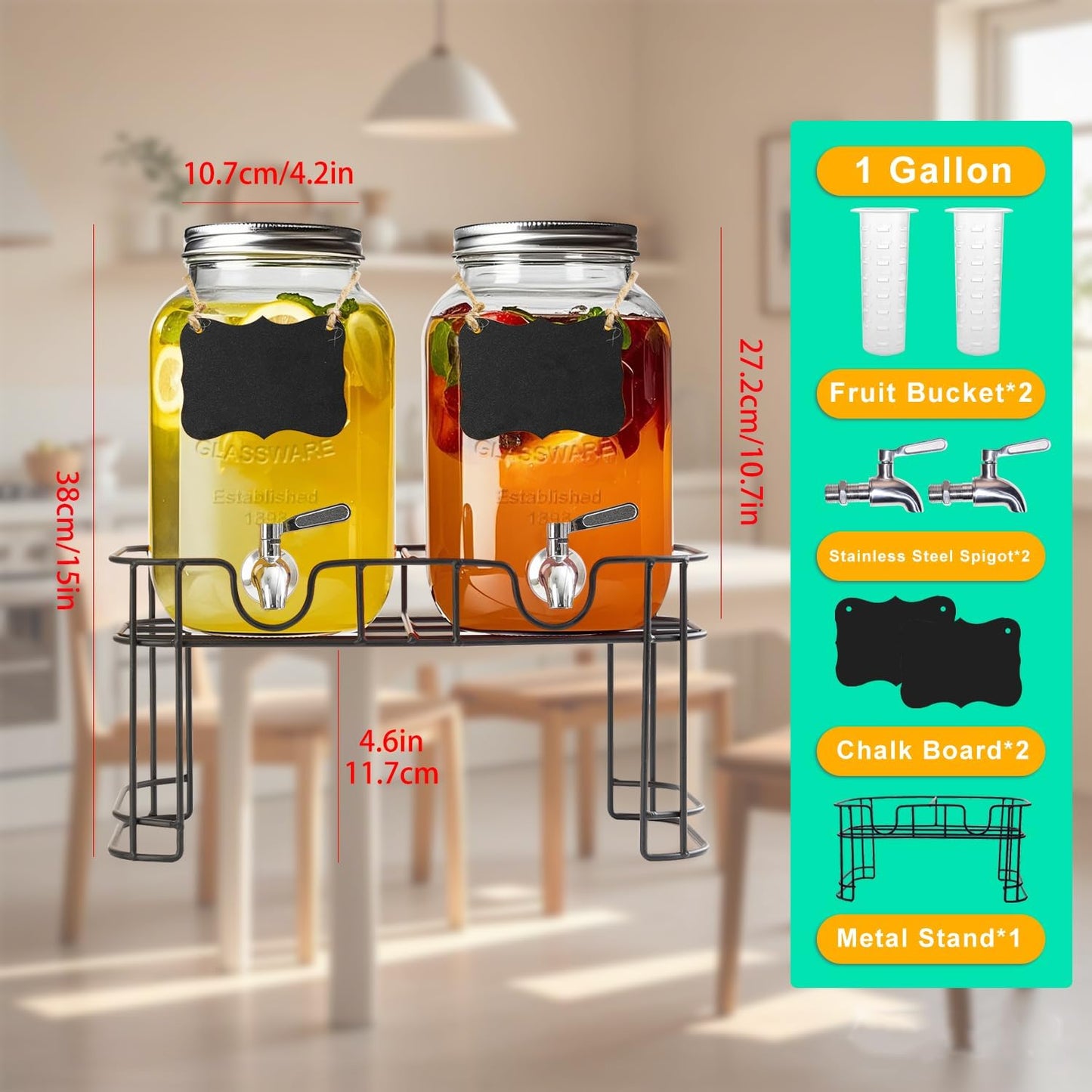 1 Gallon Glass Drink Dispenser with Stand,2 Pack Glass Beverage Dispenser with Stainless Steel Spigot,Water Lemonade Dispenser for Parties