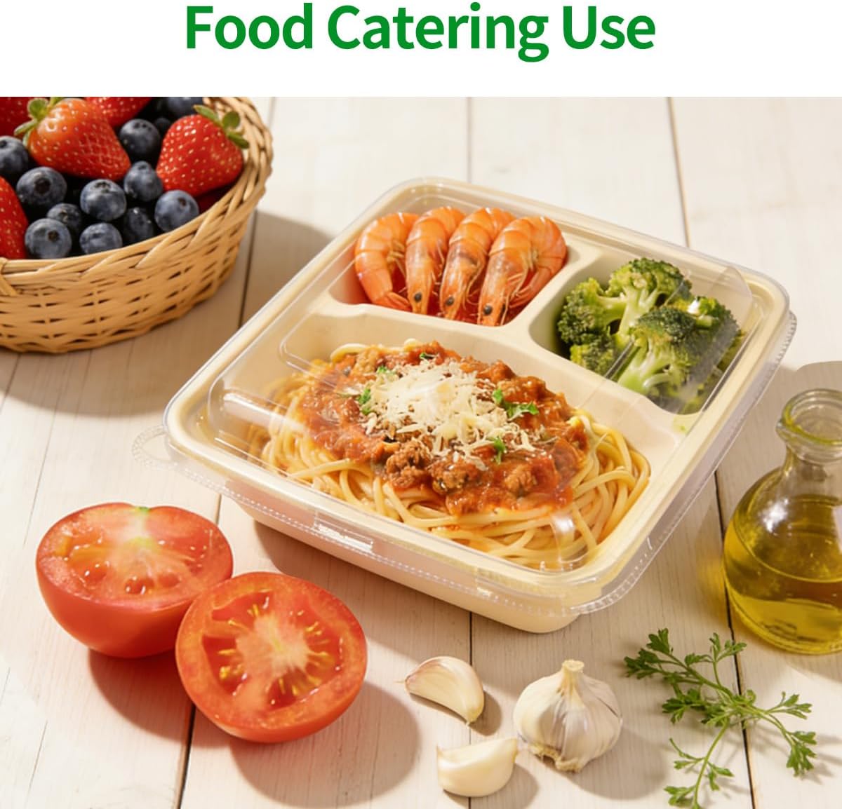 bloomoon 3 Compartment Take Out Lunch Box Containers 50 Pack | 8x8 inch Disposable 3 Compartment Meal Prep Bento Box Containers, 50 Bowls 50 Lids