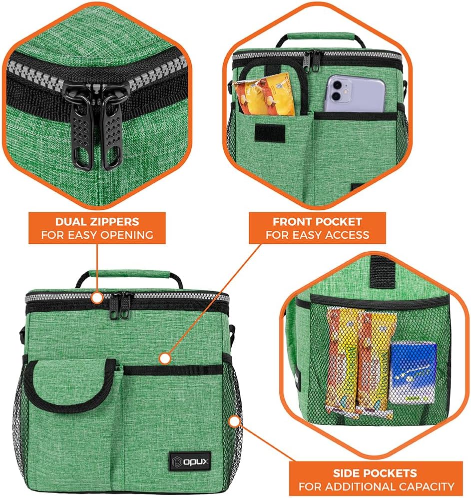opux Insulated Lunch Bag for Men Women, Leakproof Black Lunch Box for Work, Portable Soft Lunch Cooler Bag with Shoulder Strap, Adult Lunchbox Lunch Pail for Kid Boy Girl School, 14 Can/8L