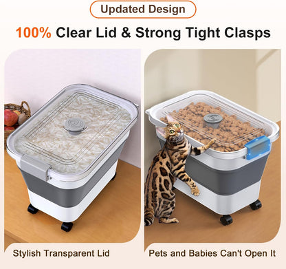Komzon Rice Storage Container, Collapsible Airtight 10-40 Lb Rice Storage Container, 25lb Pet Dog Food Storage Container, Rice Dispenser Bin with Cup and Scoop for Flour Cereal Pasta Grain, Cat Bird