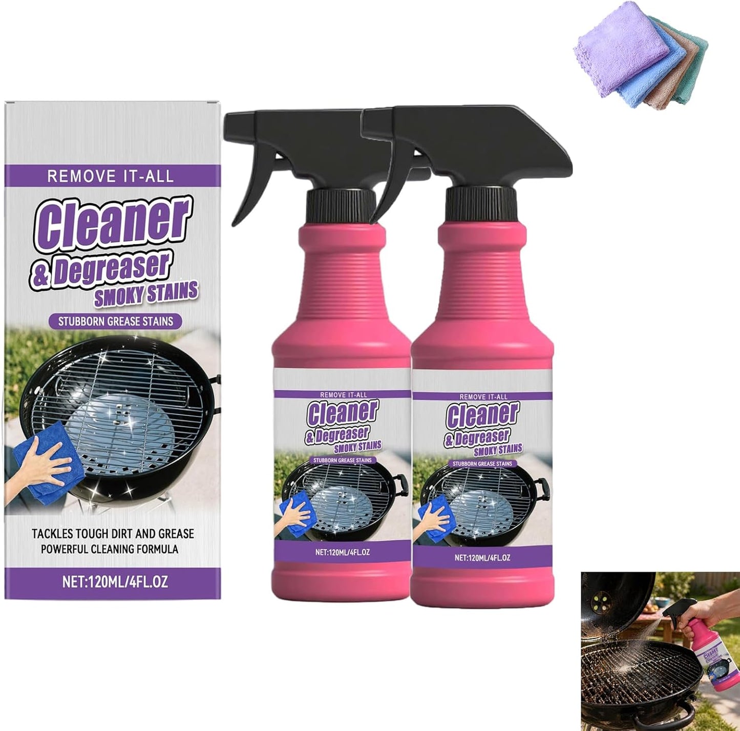 Cleaner and Degreaser for Grill, Fast-Acting Heavy-Duty Grill Degreaser Spray, BBQ Grill Cleaner for Outdoor Grills, Grease Remover for Grates, Smoky Stains and Kitchen Cleaning (3 PCS)