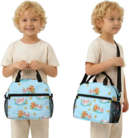 Cute Capybara Pizza Backpack for Girls, 5 Pcs Boys School Bag Set for Kids, 17 Inch Backpacks Lunch Pencil Box Reusable Utensils Case Set for Middle Elementary School, 3rd Grade Backpack