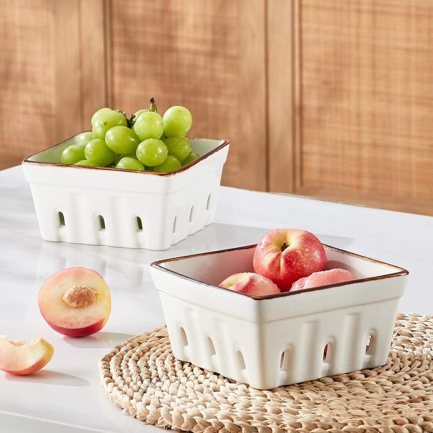 ONEMORE Ceramic Berry Basket, Square Fruit Bowls, Rustic Stoneware Berry Colander Set of 2, 5.7 inch, Gray & Light Green