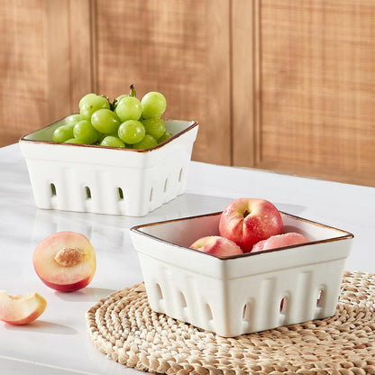ONEMORE Ceramic Berry Basket, Square Fruit Bowls, Rustic Stoneware Berry Colander Set of 2, 5.7 inch, Gray & Light Green