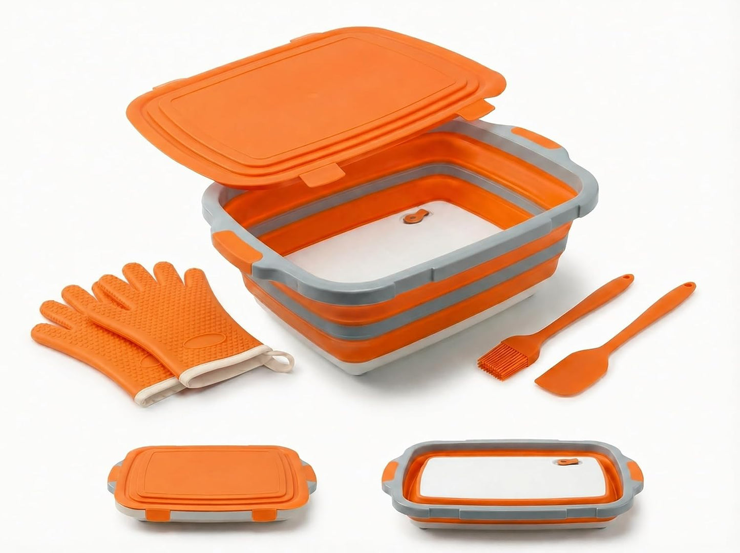 Collapsible BBQ Prep Tub with Lid & Cutting Board 16L - XL Meat Marinating Basin & Grill Carry System - 5pc Set with Heat Resistant Gloves, Basting Brush & Spatula (Black, Large, 16L)