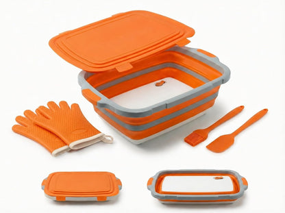 Collapsible BBQ Prep Tub with Lid & Cutting Board 16L - XL Meat Marinating Basin & Grill Carry System - 5pc Set with Heat Resistant Gloves, Basting Brush & Spatula (Black, Large, 16L)