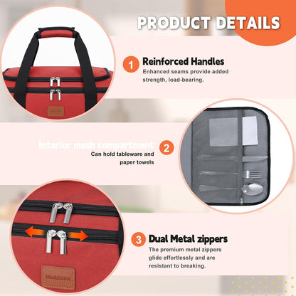 Insulated Casserole Carrier, Double Decker Food Carriers for Hot or Cold Food, Portable Leakproof Thermal Bag for Travel/Potluck Parties/Picnic/Cookouts (Red)