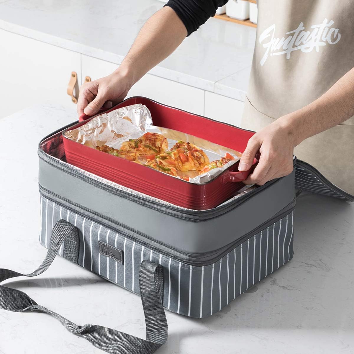 FE FUN ELEMENTS Casserole Carrier, Expandable Insulated Casserole Carriers for Hot or Cold Food, Lasagna Lugger for Parties, Fits 9" x 13" Baking Dish, Grey