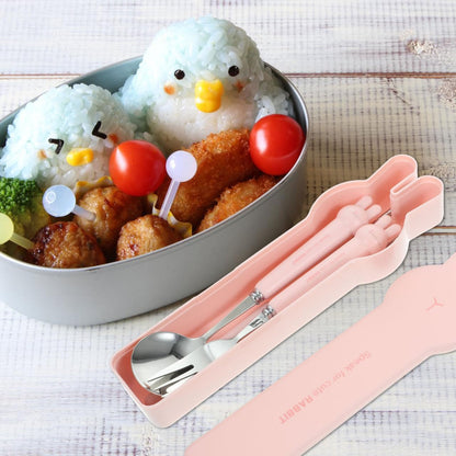 4 PCS Travel Utensils with Case, Portable Stainless Steel Reusable Cutlery Set for Lunch Box, Includes Spoon Fork Chopsticks, Small Pink Cartoon Flatware for Students, Kids School, Office, H