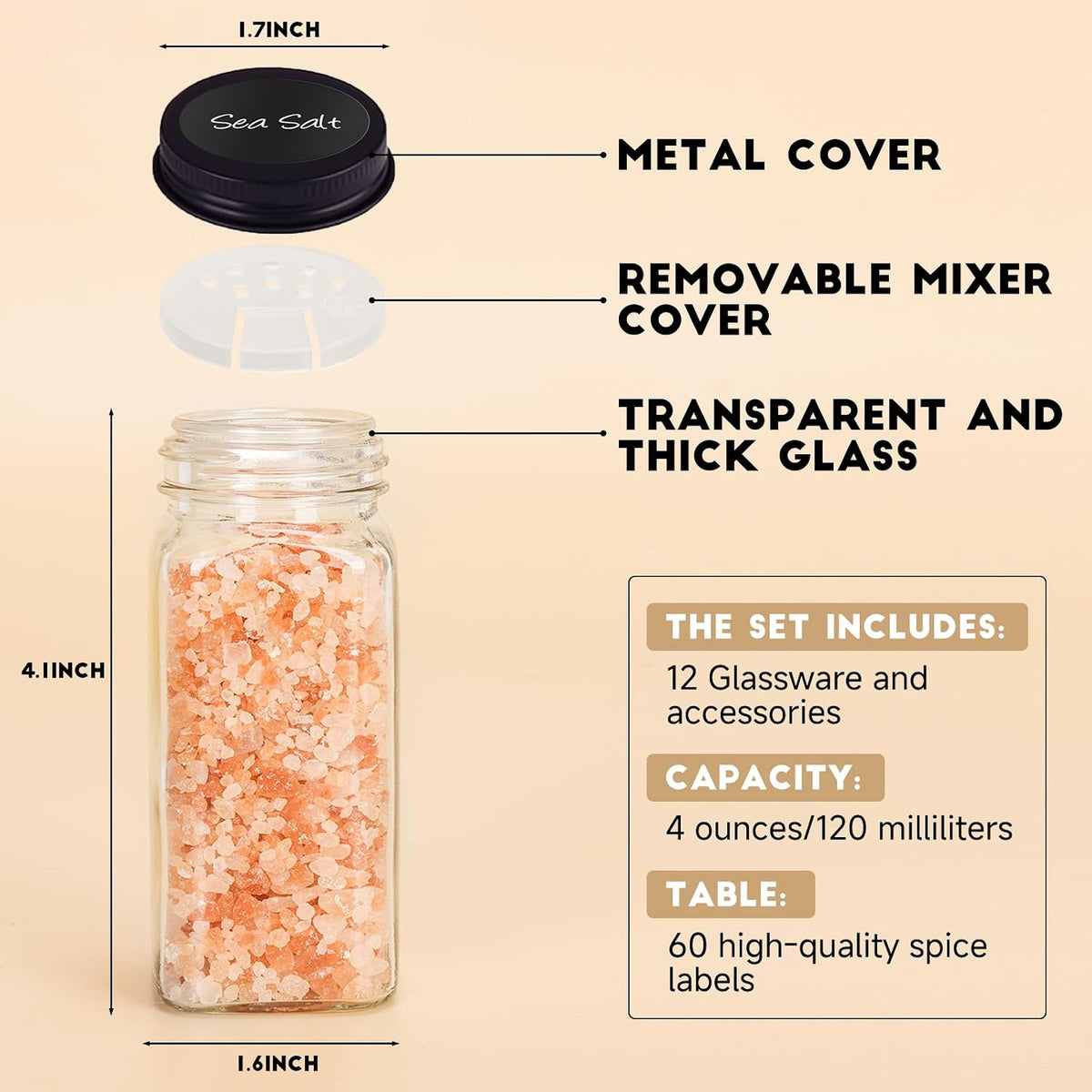DIDITIME Spice Jars with Label, 4oz Empty Square Seasoning Containers