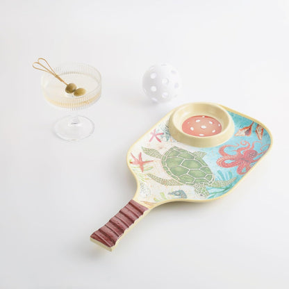 UPware Flamingo Melamine Chip and Dip Snack Tray, Tropical Floral Pickleball Paddle Shape Platter for Chips, Salsa, Fruits, and Appetizers, 15.75 x 8 Inch