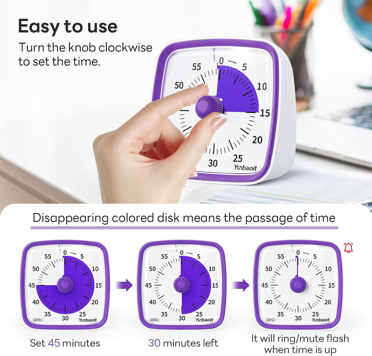 Yunbaoit Visual Timer with Night Light, 60 Minute Countdown, Light Blue