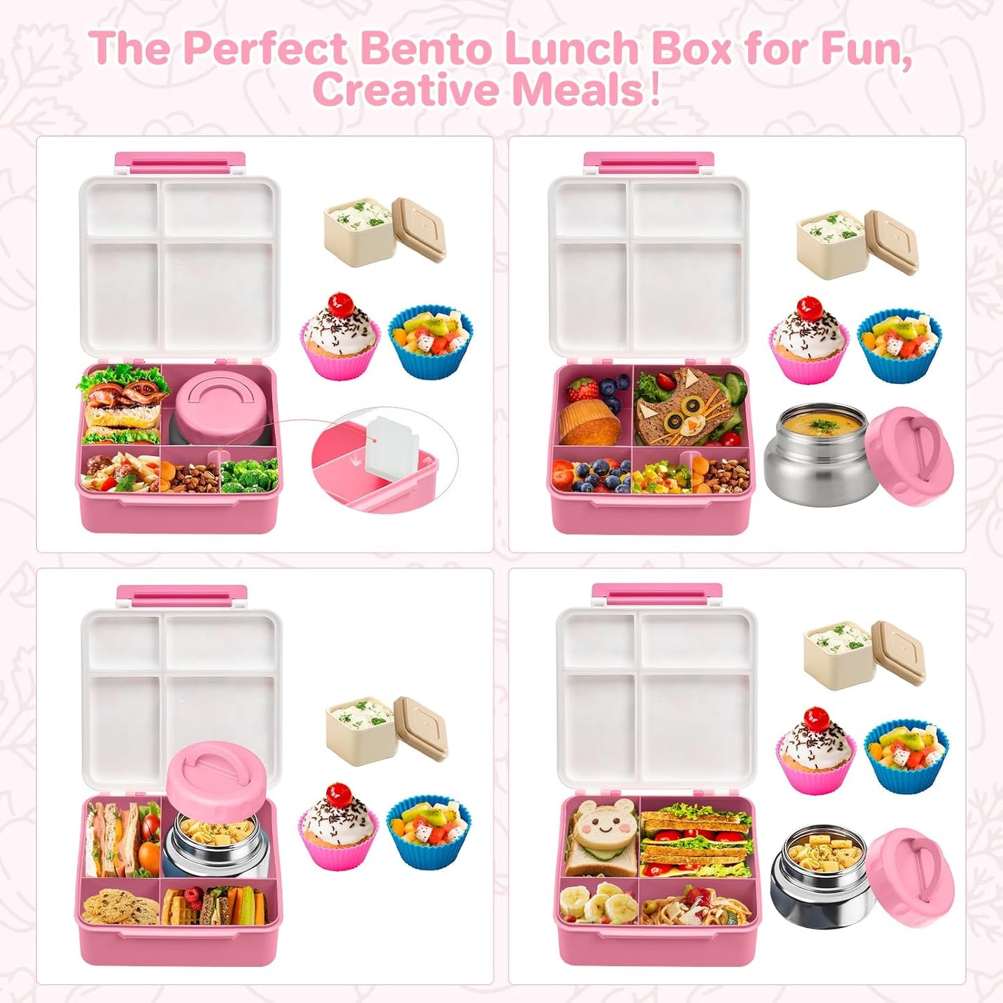 JSLOVE Bento Lunch Box with Leak Proof Thermos Food Jar for Kids, Food Lunch Containers for Boys with 4 Compartments, BPA-Free with Utensils, Food Picks, Sauce Jar & Silicone Lunch Box Dividers
