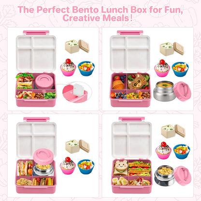 JSLOVE Bento Lunch Box with Leak Proof Thermos Food Jar for Kids, Food Lunch Containers for Boys with 4 Compartments, BPA-Free with Utensils, Food Picks, Sauce Jar & Silicone Lunch Box Dividers