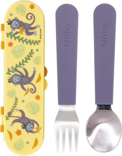 Nuby Stainless Steel Toddler Utensils with Travel Case - Self-Feeding Fork & Spoon Set for Kids - Easy-to-Hold Training Utensils - Rounded Safe Edges for Self-Feeding - Unicorns