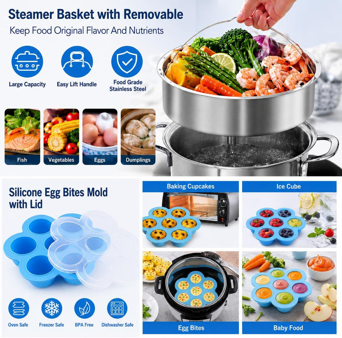 Accessories for Instant Pot, 73 PCS Accessories for Pressure Cooker for 5/6/8 Qt Electric Pressure Cooker -2 Steamer Baskets, Steamer Rack, Non-stick Springform Pan, Egg Rack