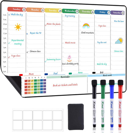 POPRUN Magnetic Weekly Dry Erase Fridge Calendar, 16.9"x11" Whiteboard Planner for Schedule, Shopping Lists, Household Chores, Ideal for Family, Office, Work and Study