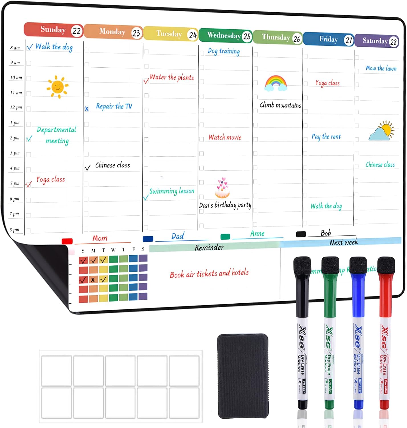 POPRUN Dry Erase Weekly Calendar Whiteboard, Magnetic Hourly Schedule Board | 16.9 x 11" Weekly Planner for Fridge, Time Slots, Family Daily Planning for Refrigerator, Homeschool, Work