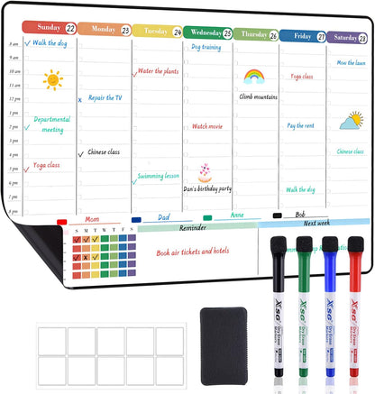 POPRUN Dry Erase Weekly Calendar Whiteboard, Magnetic Hourly Schedule Board | 16.9 x 11" Weekly Planner for Fridge, Time Slots, Family Daily Planning for Refrigerator, Homeschool, Work