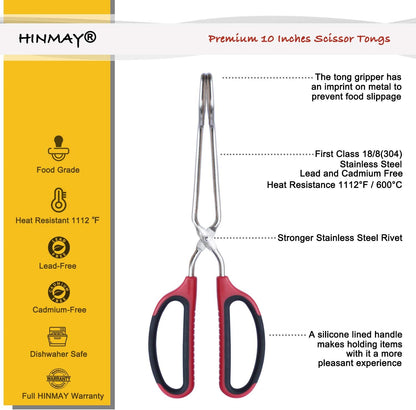 HINMAY Stainless Steel Scissor Tongs 10-Inch and 12-Inch Set, Set of 2
