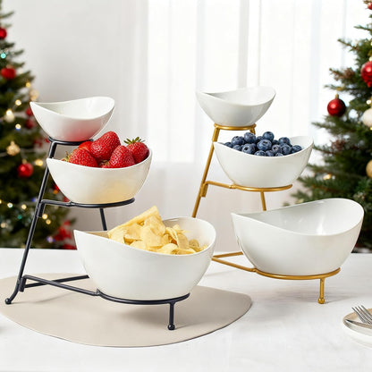 Gomakren 3 Tiered Oval Serving Bowl with Collapsible Metal Rack, Chip and Dip Serving Set, Dessert Appetizer Bowl Set (45oz / 17.5oz / 7oz), Serving Bowls For Mothers Day Entertaining (Gold Stand)