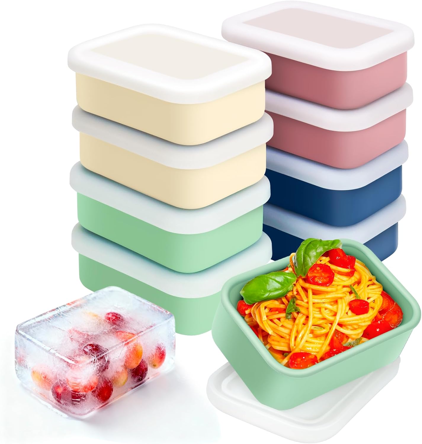 8 PCS 2 Cup Silicone Freezer Molds with Lid, Meal Prep Freezer Molds Silicone Freezer Containers Reusable Food Preserving Tray Freezing Ice Trays for Soups Sauces Stews