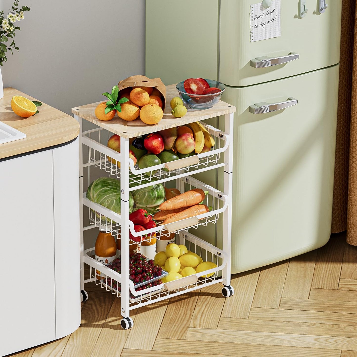 JAQ Slide Out Fruit Vegetable Basket for Kitchen, 4-Tier Rolling Storage Cart with Wooden Handle & Top, Metal Wire Produce Rack for Pantry Organization, Onion Potato Storage Bins for Small Space,White